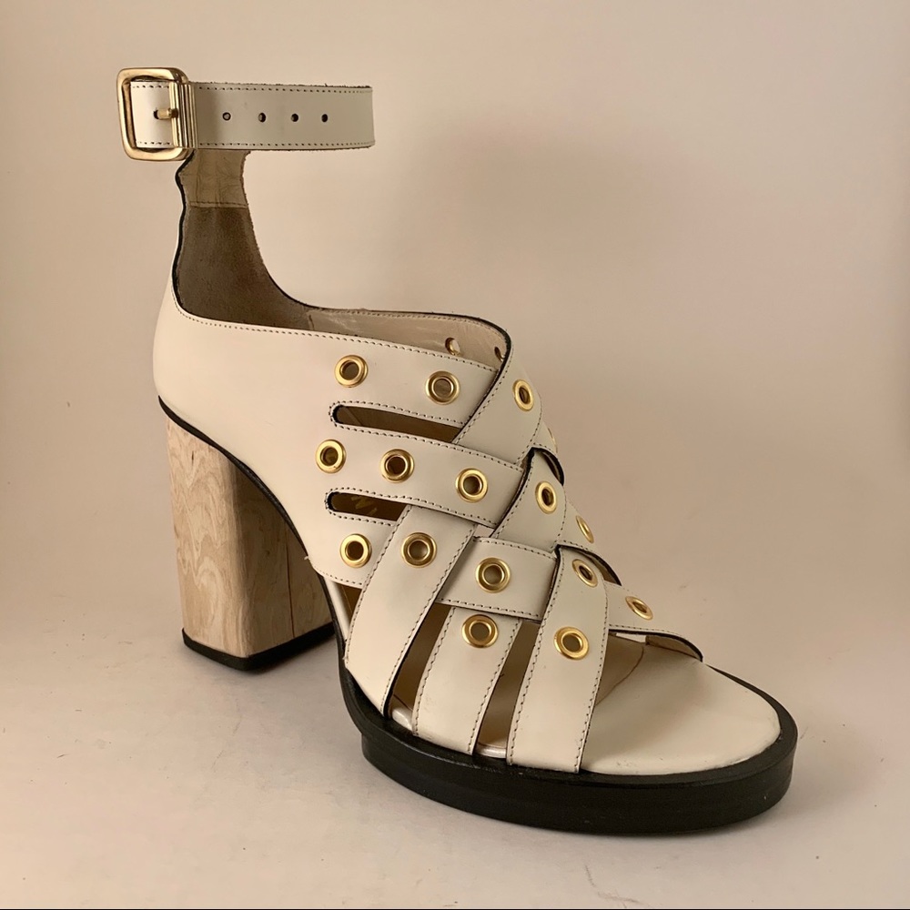 Opening Ceremony Woven Ivory Gold Wood Ankle Heels
